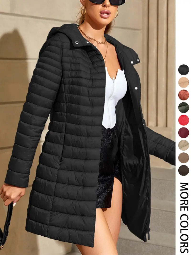 Women's Mid-Length Puffer Coat, Casual Hooded Top with Pockets and Buttons, Fall & Winter Warm Woven Outerwear, Lightweight Thick Fabric Womenswear