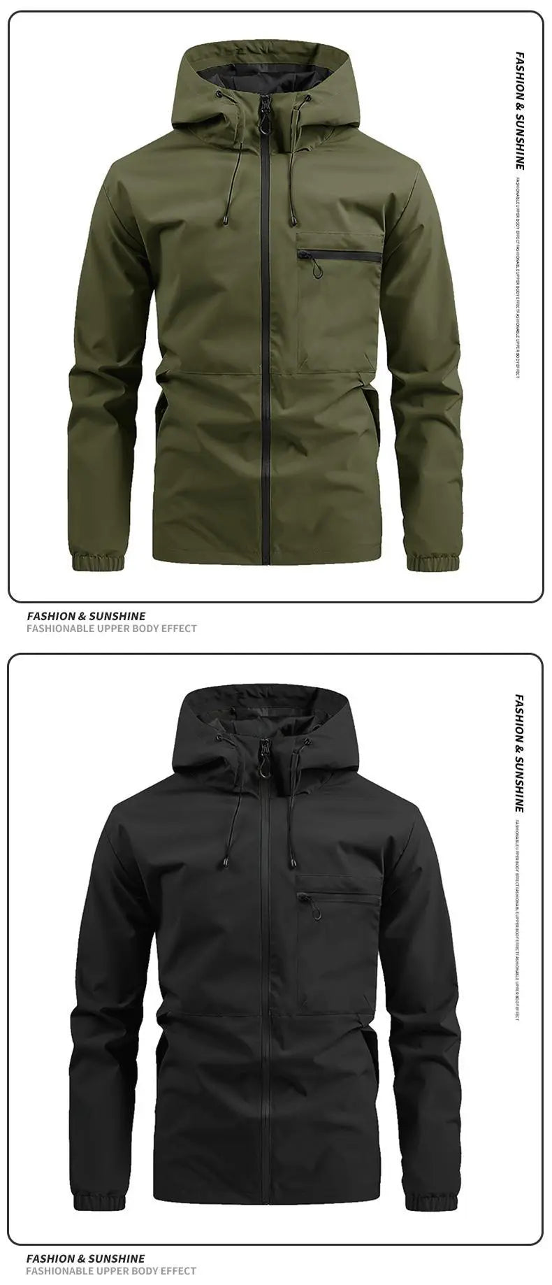 Men Lightweight Outdoor Hooded Jacket Water Resistant Windbreaker Full Zip Adjustable Drawstring Hood Hiking Work Shell Coat Multi‑Color