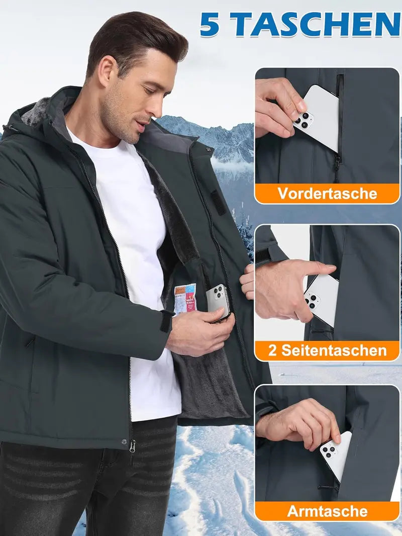 Zoofly Men's Waterproof Zip-Up Insulated Fleece Layered Ski Jacket with Hood, Polyester Shell, Outdoor Pockets, Insulated Hiking Jacket for Winter Outdoor Activities