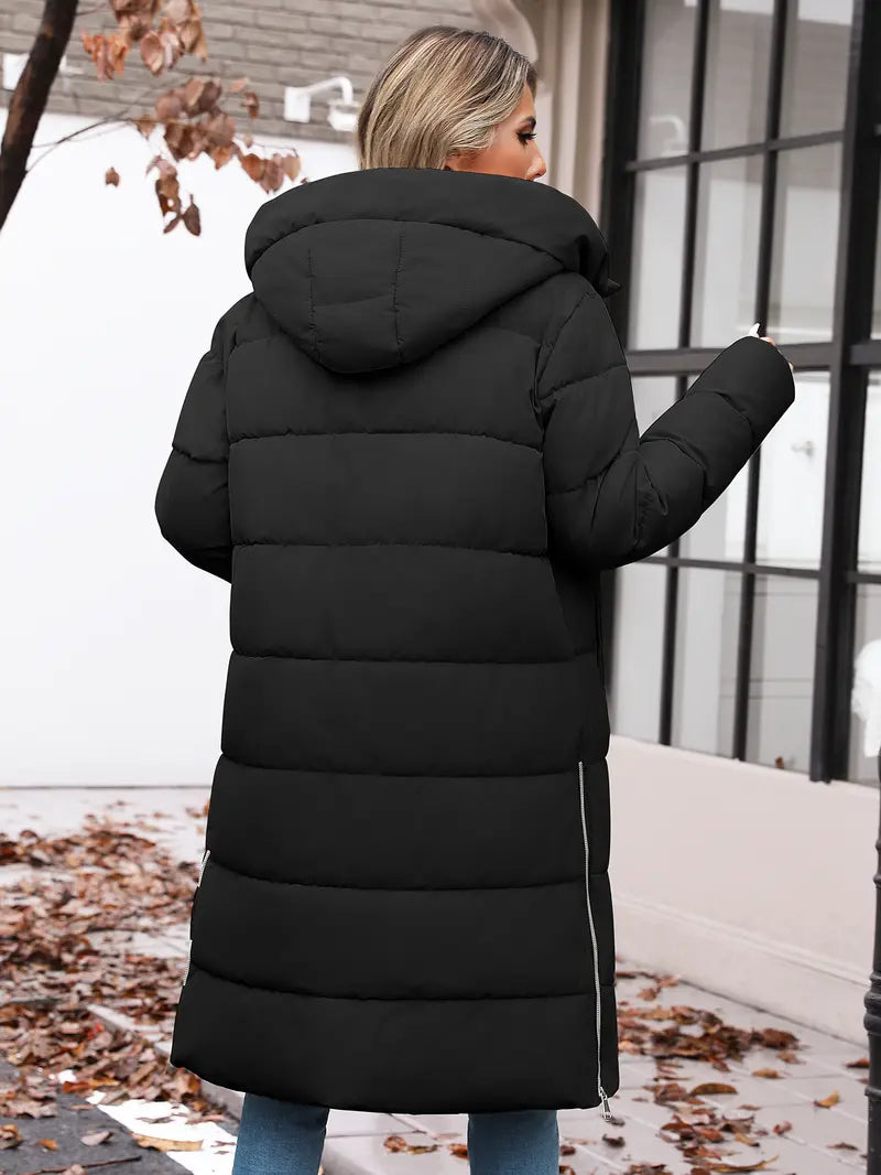Womens Winter Long Puffer Coats Down Thicken Warm Quilted Jacket Mid-Length with Side Zipper and Hood Outerwear