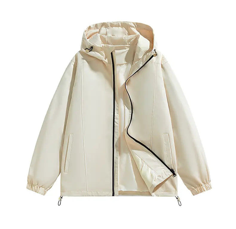 Men’s Loose-Fitting Long Sleeve Hooded Coats - Windproof, Waterproof Polyester Plain Tops with Adjustable Hem, Zip Up Closure, Casual Outdoor Menswear Outerwear for Everyday Wear (Beige, Black)