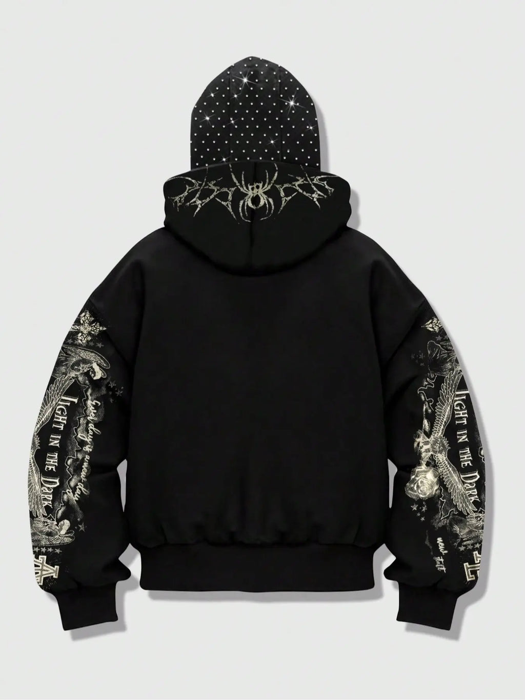 double hood rhinestone street casual loose men's zipper hoodie eye print sweatshirt, Graphic print hoodie autumn and winter fleece warm men and women brand Y2K jacket cool nightclub rock hip-hop music festival