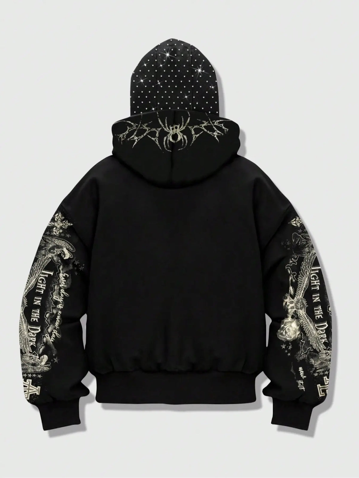 double hood rhinestone street casual loose men's zipper hoodie eye print sweatshirt, Graphic print hoodie autumn and winter fleece warm men and women brand Y2K jacket cool nightclub rock hip-hop music festival