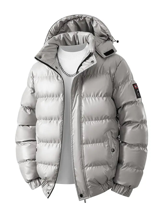 Men’s hooded down jacket, thick warm windproof zip-up winter outerwear with a loose fit, casual outer layer