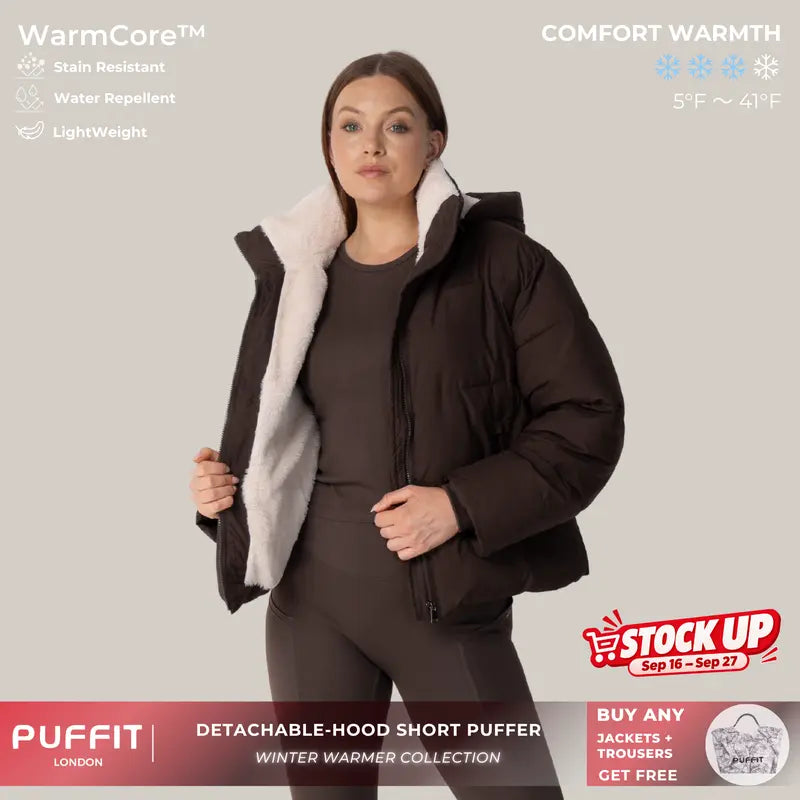 PUFFIT WarmCore Premium Short Puffer Jackets With Removable Hood & Optional Faux Fur Lining,Lady Casual Outerwear Longsleeves Zip Pockets Warm Quilted Coat,Womenswear,Tops,Sport,Fall,Winter,2026 Shopping