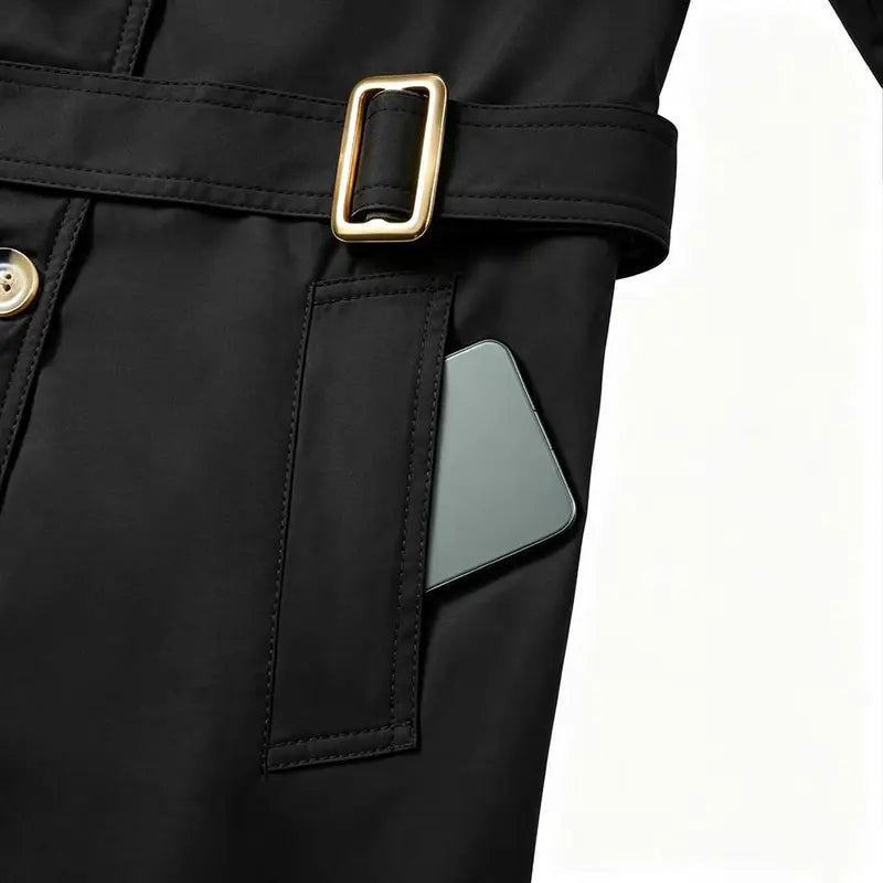 Women’s fashionable cape coat—double-breasted long design with a lapel collar and plaid pattern, featuring an adjustable waist belt that cinches the figure; classic British-style outerwear suitable for everyday commuting, office wear, travel, and ...