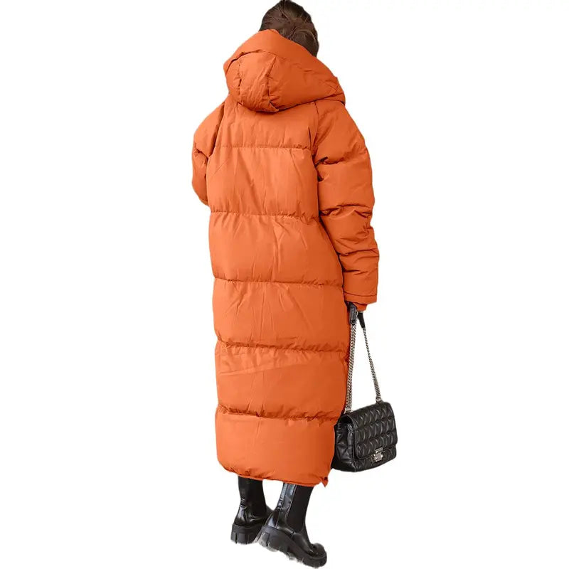 Danedvi Women's Long-Sleeve Soft Padded Quilted Hooded Neck Maxi Down Puffer Jacket - Ribbed Windproof Shell, Pocket, Zippered Closure, Chic Cold-Weather Outerwear, Holiday Gift, Fashionable Basic for Date Outings, Perfect Gift, Down Jacket