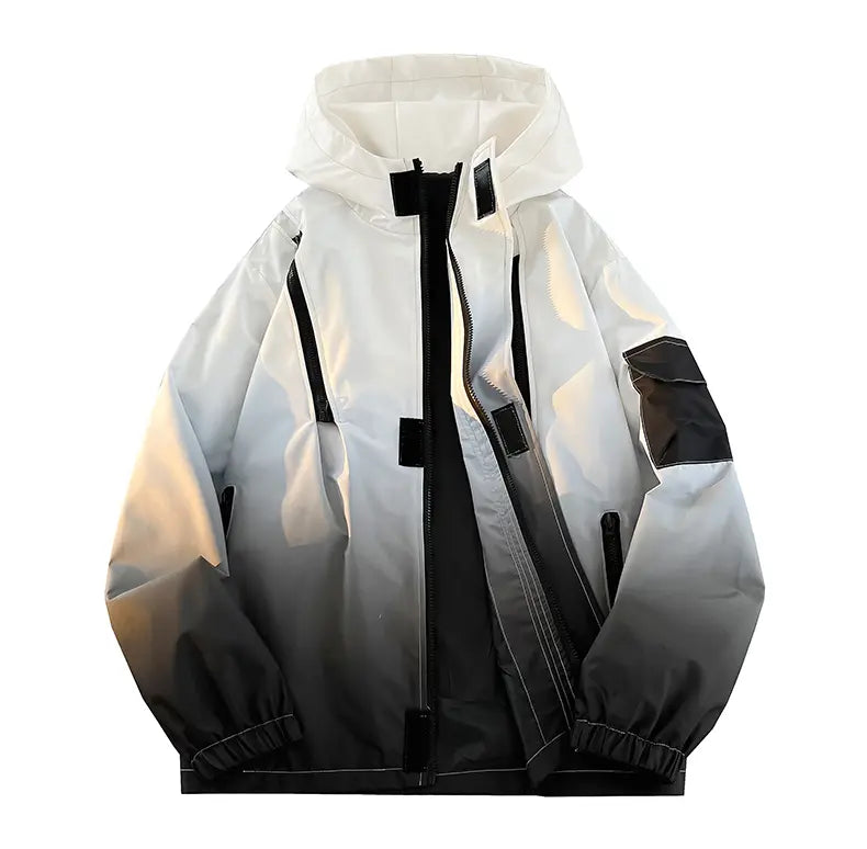 Men’s Gradient Long Sleeve Hooded Work Jacket - Polyester, Loose-Fit, Zip-Up, Multiple Pockets, Windproof, Casual Fashion Outerwear, Modern Style Lightweight Work Jackets, Zip Up Hoodies