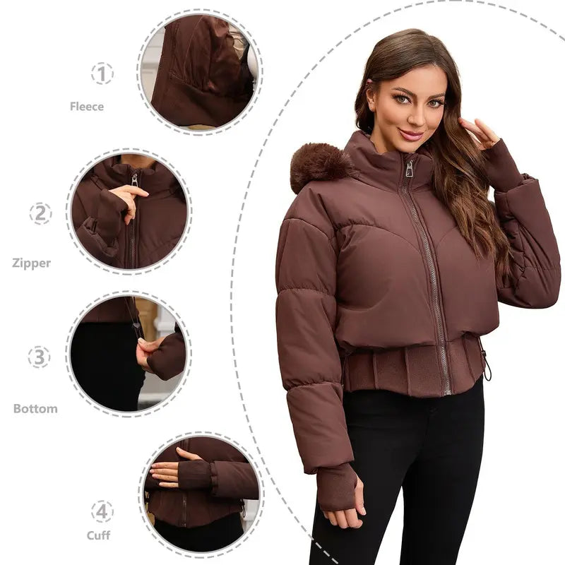 BIGWIG 2025 Fashion Women's Long-Sleeved Short Hooded Down Jacket - Fitted Stand-Up Collar, Quilted Filling, Zipper Closure, Basic Parka for Autumn-Winter Outings, New Year No Excess Bulk Design