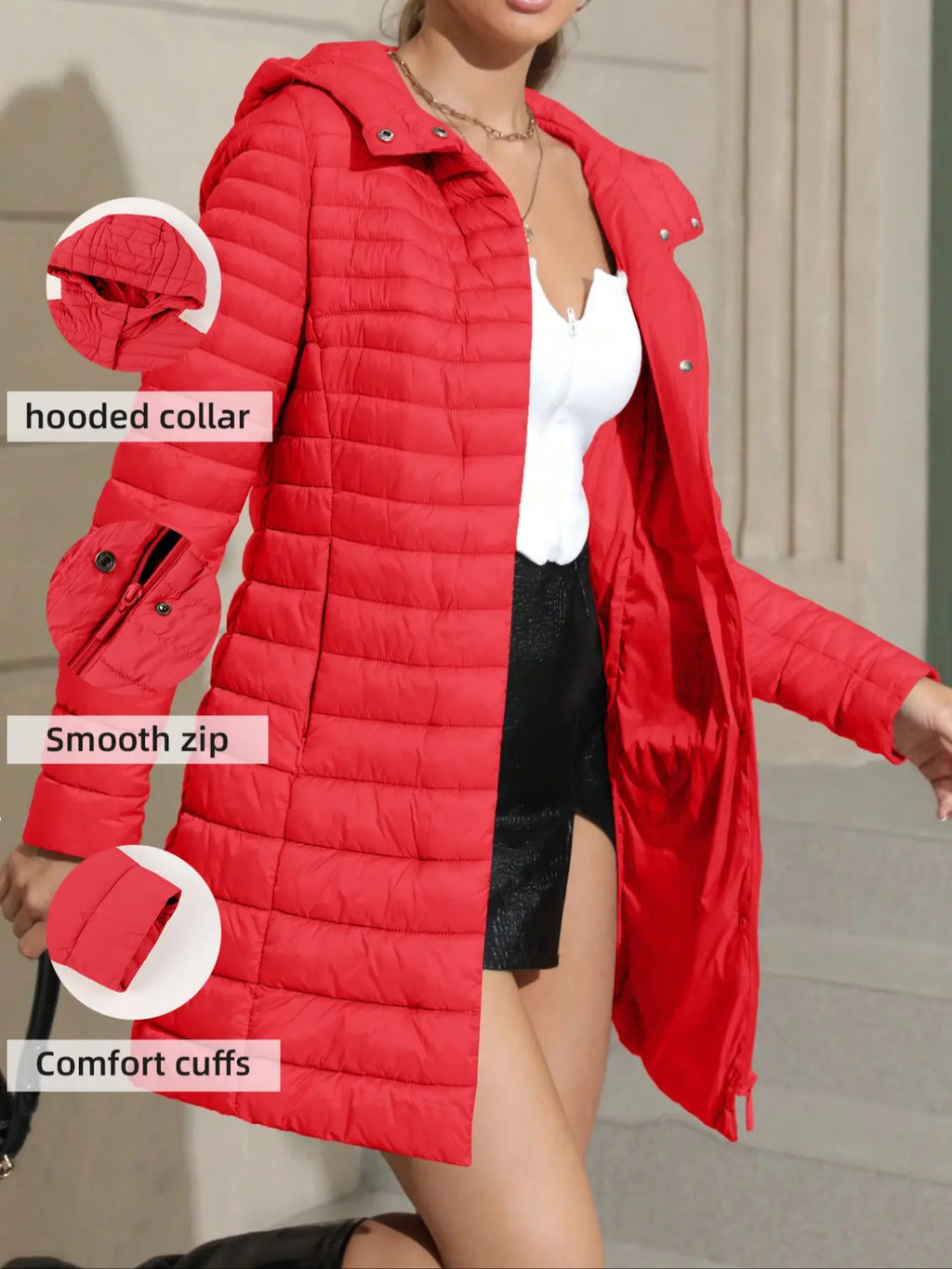 Women's Mid-Length Puffer Coat, Casual Hooded Top with Pockets and Buttons, Fall & Winter Warm Woven Outerwear, Lightweight Thick Fabric Womenswear