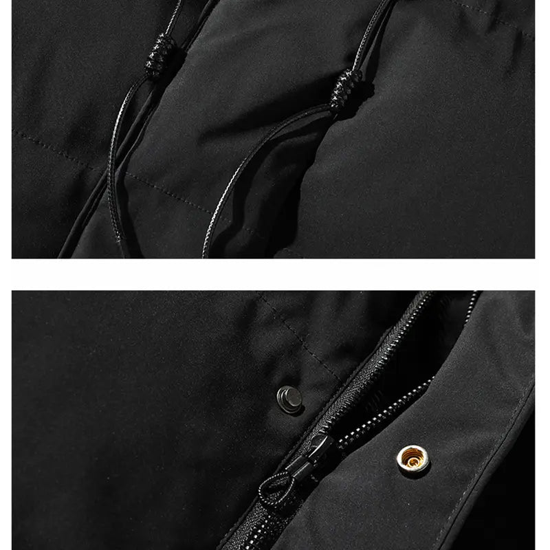 Men’s Winter Long Plain Puffer Jacket (Plus Size/Big & Tall) - Polyester-Filled Heavyweight Quilted Windproof Coat, Adjustable Drawstring Hood, Snap Buttons Hem, Zip-Up Street Chic Warm Jacket for Extreme Cold