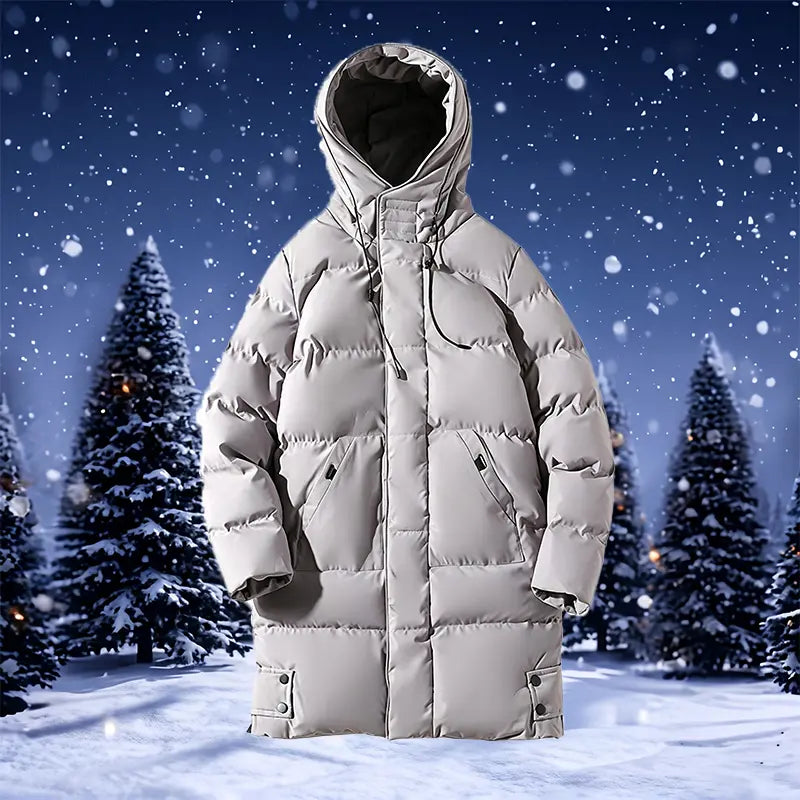 Men’s Winter Long Plain Puffer Jacket (Plus Size/Big & Tall) - Polyester-Filled Heavyweight Quilted Windproof Coat, Adjustable Drawstring Hood, Snap Buttons Hem, Zip-Up Street Chic Warm Jacket for Extreme Cold