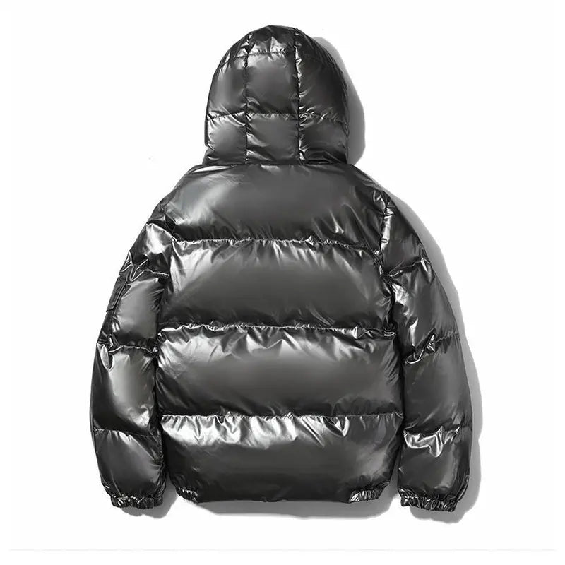 Mens Shiny Glossy Smooth Puffer Jacket - Zip-Up Hooded, Thick Cotton-Padded Menswear Garment, Ribbed, Windproof Thermal, Loose Fit, Clean Minimalist Stylish Casual Streetwear, Side Pockets for Cold Winter Comfort