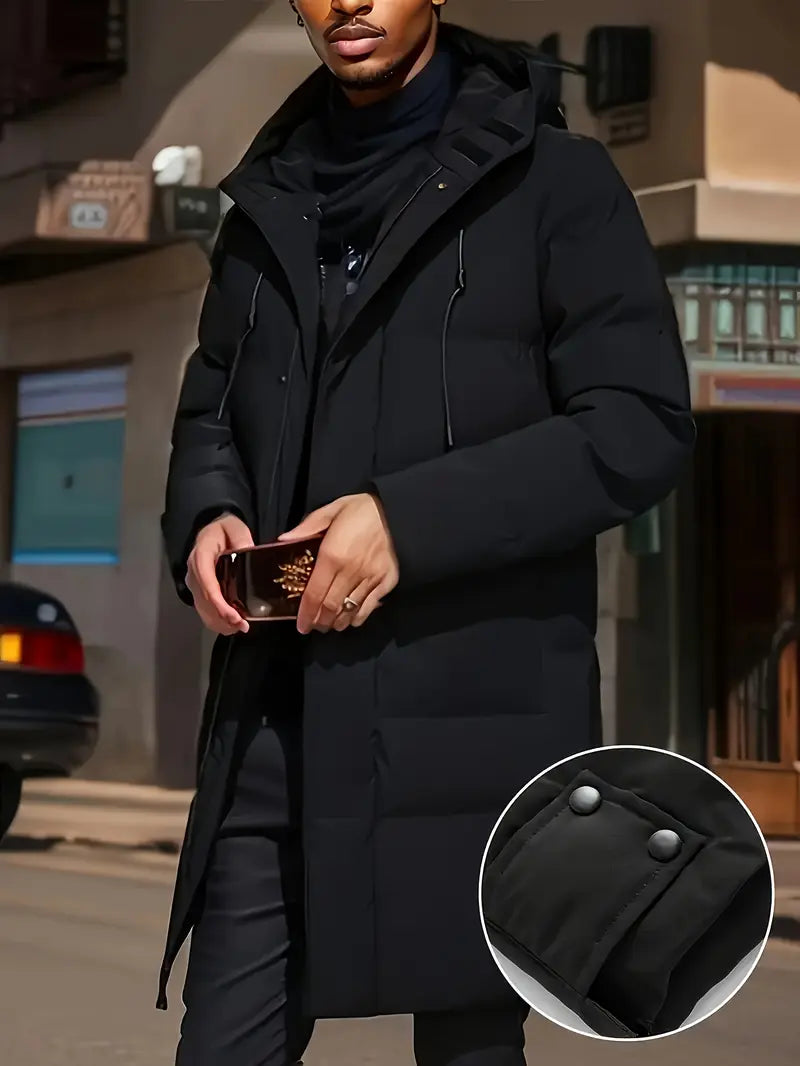 Men's Thick Winter Warm Coat Plus Size Cold Weather Jacket with Hood Long Sleeve Front Button Design Suitable for Extreme Cold Daily & Formal Occasions Durable Winter Clothing Winter Jackets Cold Weather Coats Hooded Casual Coats Black Loose Cotton