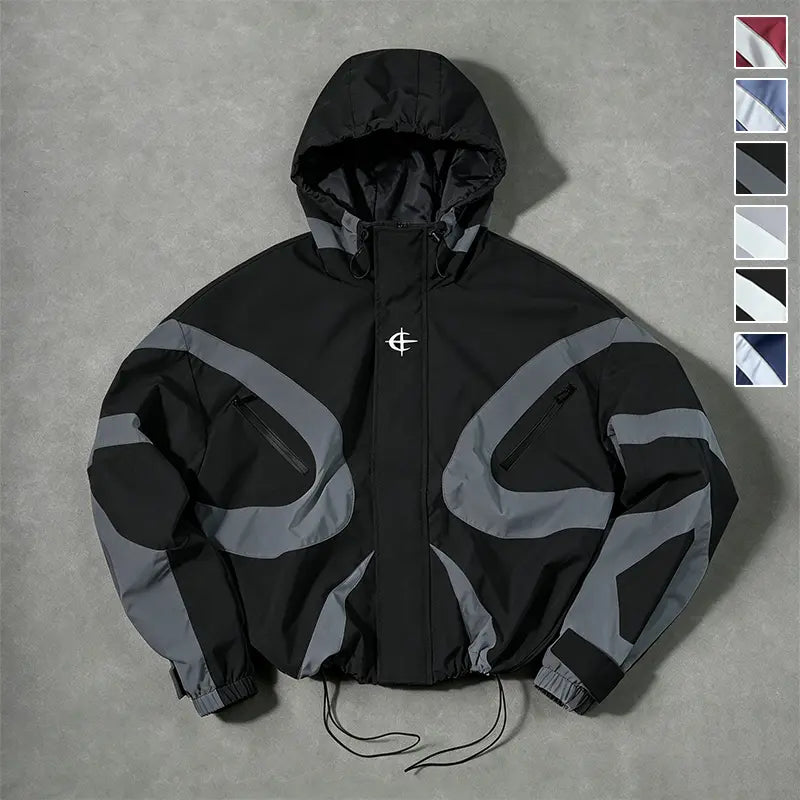 All Season Curved Contrast Spliced Fixed Hood Wind Jacket for Men, Tiny Chest Logo Velcro Cuffs & Drawstring Bottom Hem, Durable Light Zip Up Outer Coat for Shopping Training Street Style