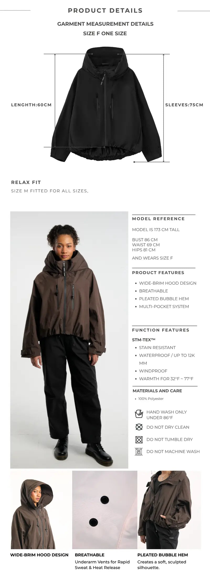 【Restocked】PUFFIT STM-TEX Short One-Size Rain Jacket With Pleated Hem,Hooded Jacket,Waterproof Jacket,Women Jacket,Wide-Brim Hood,Adjustable Cuffs,Zips,Outdoor Sport,Windbreaker,Fall,Winter,Dog Walking,School Running,Stylish,Womenswear,2026 Shopping