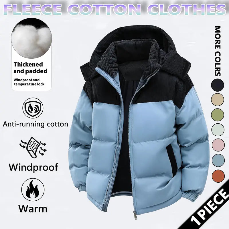 Men's Cotton Winter Coat Hooded Fleece-Lined Color-Block Jacket Casual Everyday Outerwear, Removable Hood, Windproof Padding, Thick Insulated, Anti-Running Cotton, Easy to Pair - Couples Style