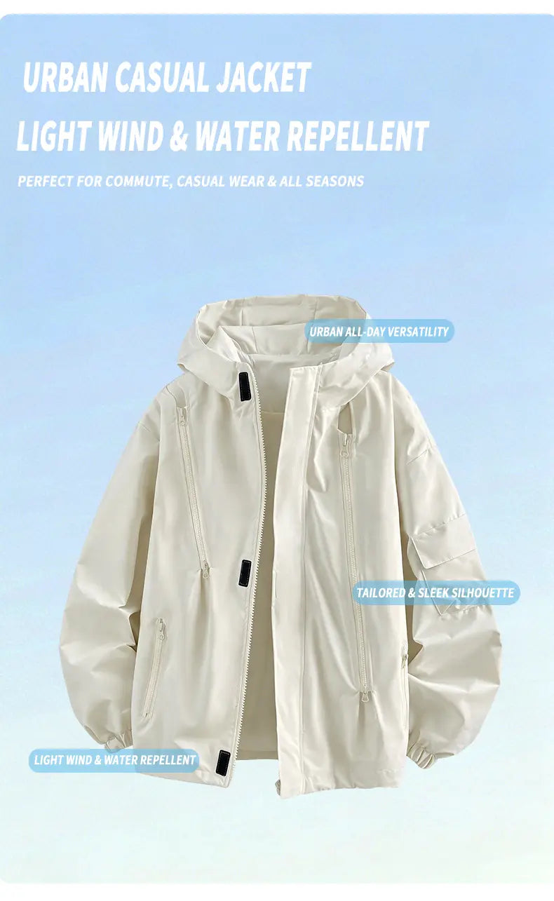 Men’s hooded windbreaker jacket, water-resistant fabric loose cargo outerwear with multiple zippered pockets, everyday outdoor casual top