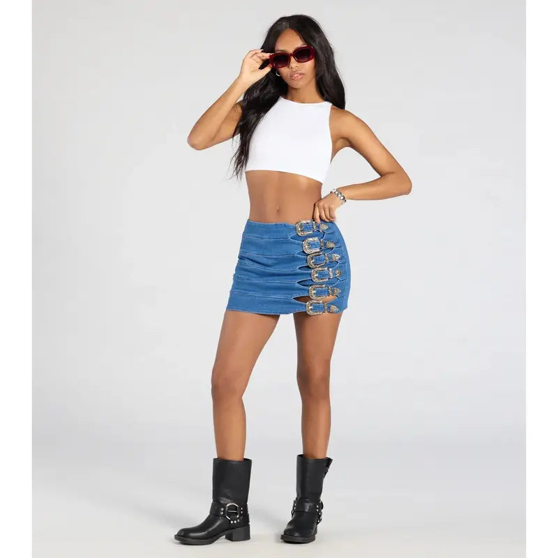 Buckle Down High-Rise Denim Skort