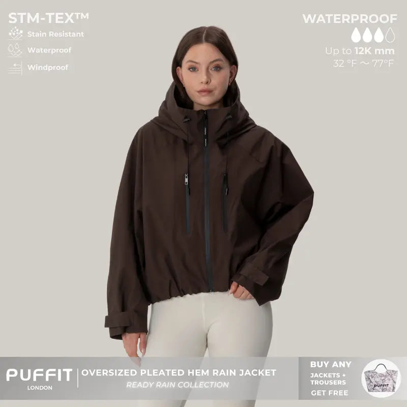 【Restocked】PUFFIT STM-TEX Short One-Size Rain Jacket With Pleated Hem,Hooded Jacket,Waterproof Jacket,Women Jacket,Wide-Brim Hood,Adjustable Cuffs,Zips,Outdoor Sport,Windbreaker,Fall,Winter,Dog Walking,School Running,Stylish,Womenswear,2026 Shopping