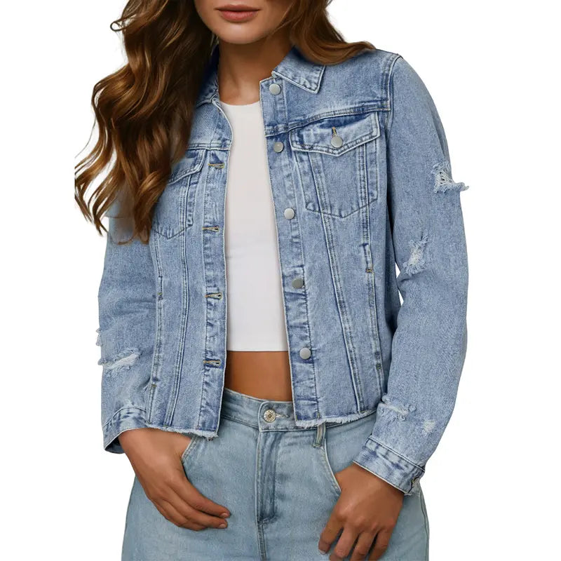 EVALESS Women's Casual Short Jean Jackets Non Stretch Distressed Ripped Boyfriend Washed Coats Lapel Long Sleeve Denim Jacket Outwear Tops 2026 Womenswear Spring Winter Outfits Deals For You Days summer outfits,back to school,back to school shoppi...