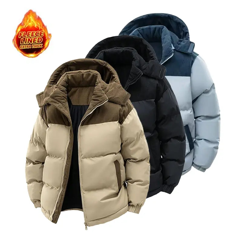 Unisex casual fleece-lined loose winter jacket with detachable hood; warm color-block cotton jacket; couples’ winter cotton apparel; windproof and cold-resistant; couples’ warm color-block cotton jacket; vintage-style outerwear in khaki, black, an...