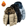Unisex casual fleece-lined loose winter jacket with detachable hood; warm color-block cotton jacket; couples’ winter cotton apparel; windproof and cold-resistant; couples’ warm color-block cotton jacket; vintage-style outerwear in khaki, black, an...