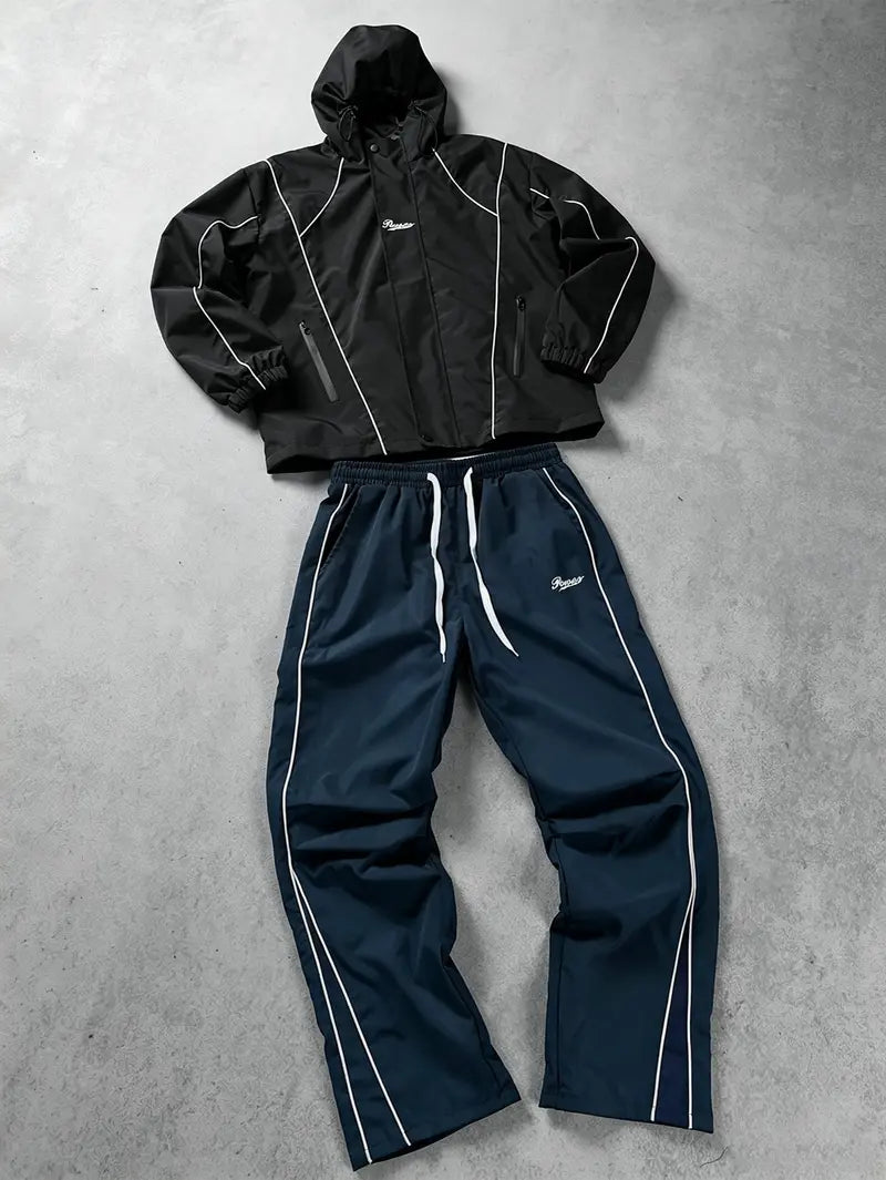 Men’s Streetwear 2-Piece Tracksuit Set, Hooded Windbreaker Jacket & Wide Leg Trousers with Contrasting Line Design, Lightweight Wind-Resistant for Urban Hangouts & Sports