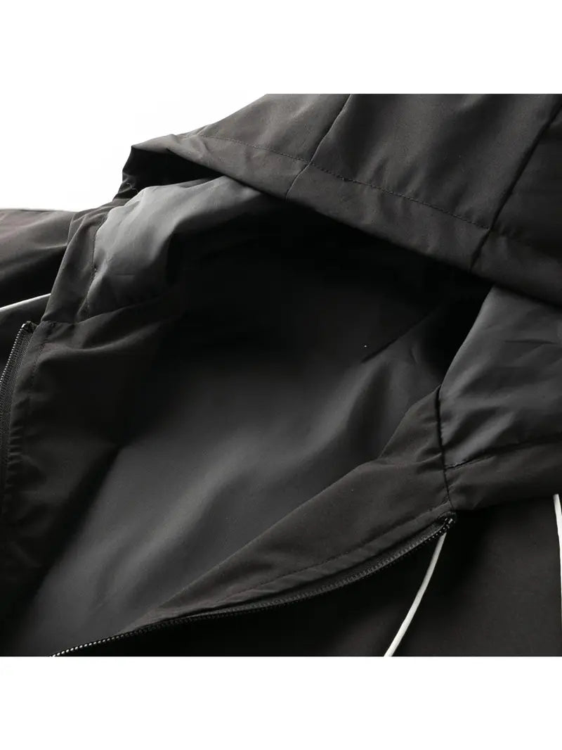 Men's windproof waterproof jacket, breathable outdoor hiking coat, foldable hat design, lightweight and durable, all weather use, suitable for spring and summer in thin styles.