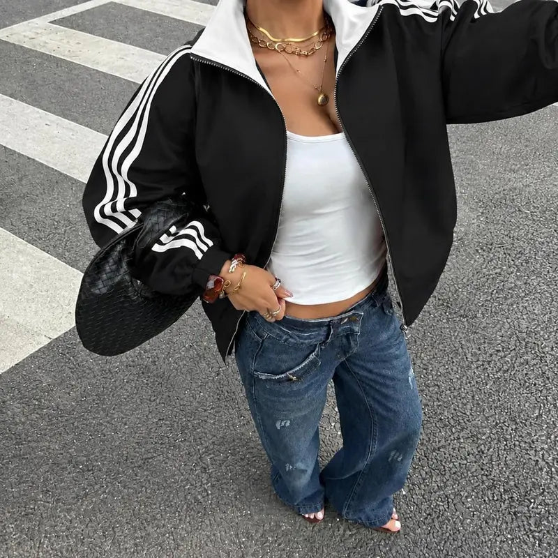 Women Reversible Zip Up Track Jacket, Striped Sleeve Stand Collar Windbreaker, Two Wear Ways Loose Drop Shoulder Outerwear, Elastic Cuffs Casual Athletic Coat, Lightweight Reversible Sport Jacket For Daily Streetwear, Shopping And Weekend Hangouts