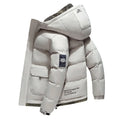 Men's Hooded Woven Heavyweight Full-Zip Winter Coat - Thick Warm Insulated Cotton-Padded Overcoat with Patch Pockets, Long Sleeve Plain Solid Beige, for Skiing & Everyday Wear, Formal & Casual Menswear Tops, Patch Pocket