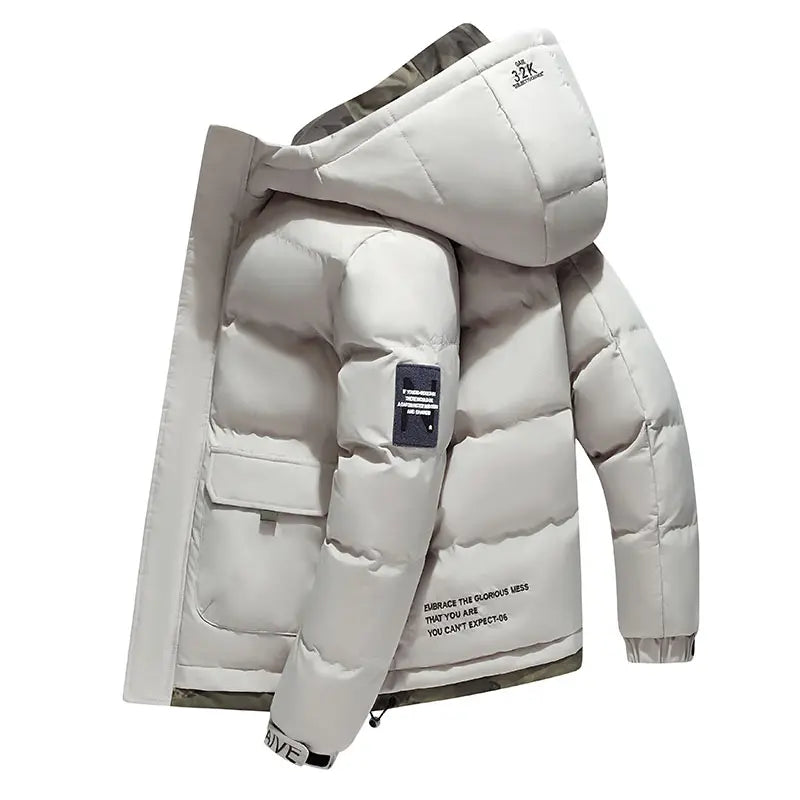 Men's Hooded Woven Heavyweight Full-Zip Winter Coat - Thick Warm Insulated Cotton-Padded Overcoat with Patch Pockets, Long Sleeve Plain Solid Beige, for Skiing & Everyday Wear, Formal & Casual Menswear Tops, Patch Pocket