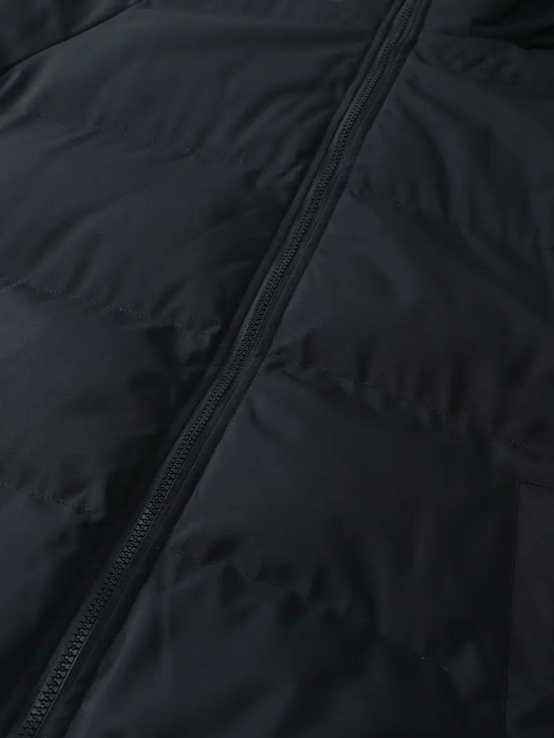 Loose-fit hooded cotton jacket with horizontal topstitching and down filling, full zip closure, basic warm casual cotton jacket