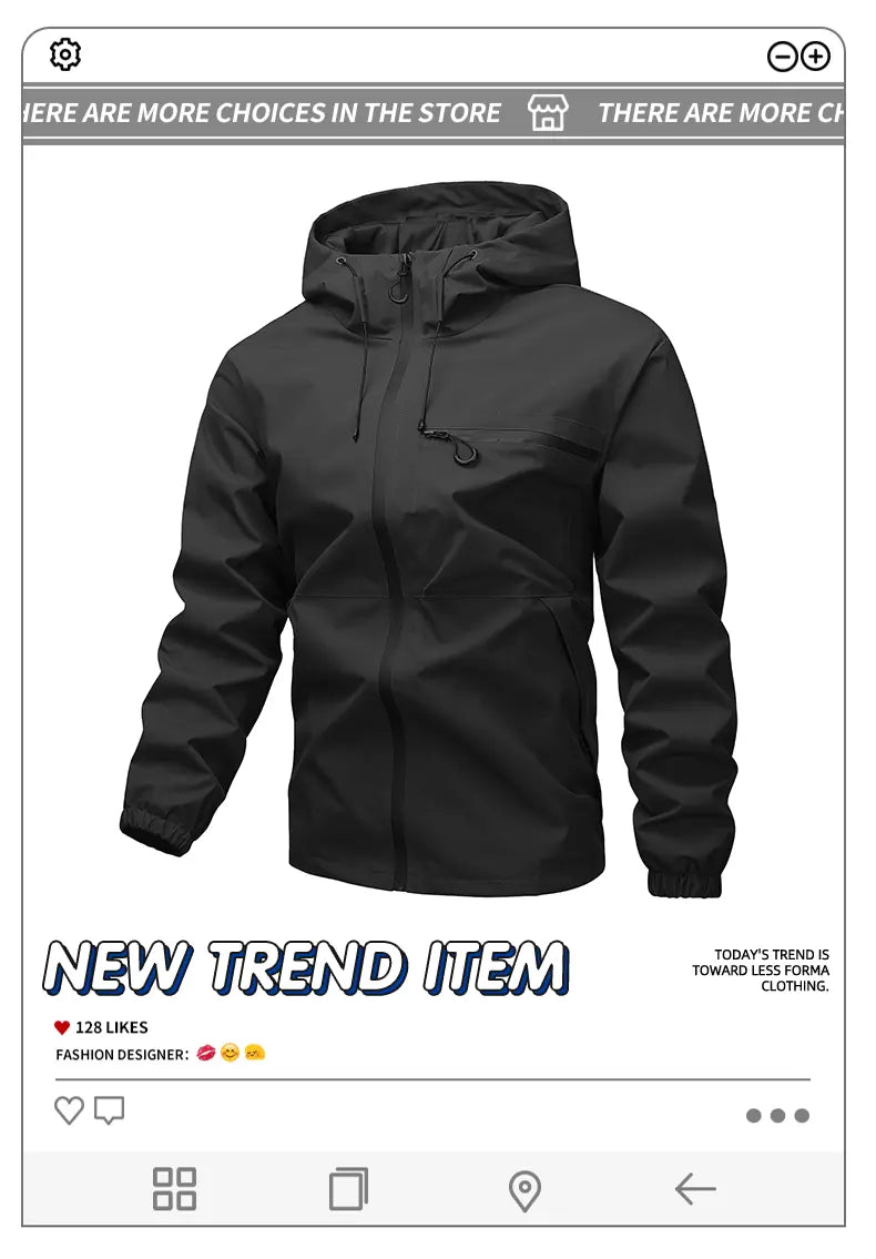 Men's Fitted Solid Woven Hooded Jacket - Waterproof, Windproof, with Zippered Pockets for Outdoor, Casual Wear