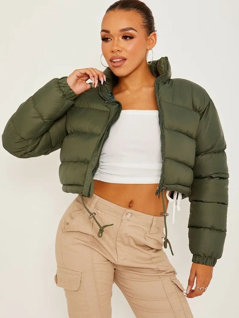 BIGWIG women's short down jacket, zipper thickened quilted short coat, drawstring winter down jacket, autumn and winter cotton jacket, windproof, waterproof and cold-proof cotton jacket, puffer jacket, fashionable zipper stand collar