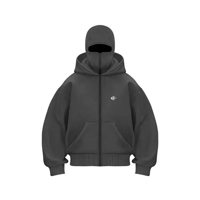 Unisex Double Hood Balaclava Full Zip Hoodie, Y2K Streetwear Boxy Cropped Fleece Sweatshirt, Ski Mask Face Cover Zip Up Jacket for Men Women, Multiple Colours