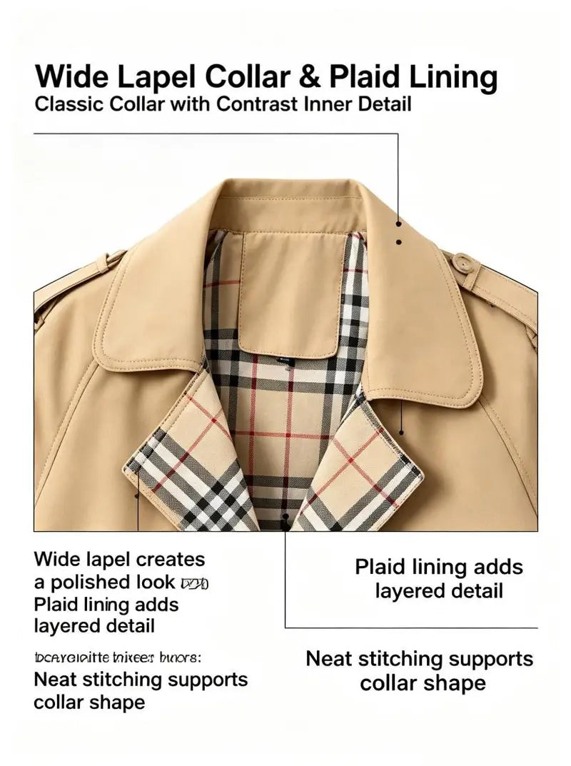 New autumn women’s loose long coat featuring a double-breasted design, khaki trench style, notched lapel with plaid lining, and an adjustable waist belt that cinches the silhouette—an essential piece for spring and autumn outfits.sohochic sohochic...