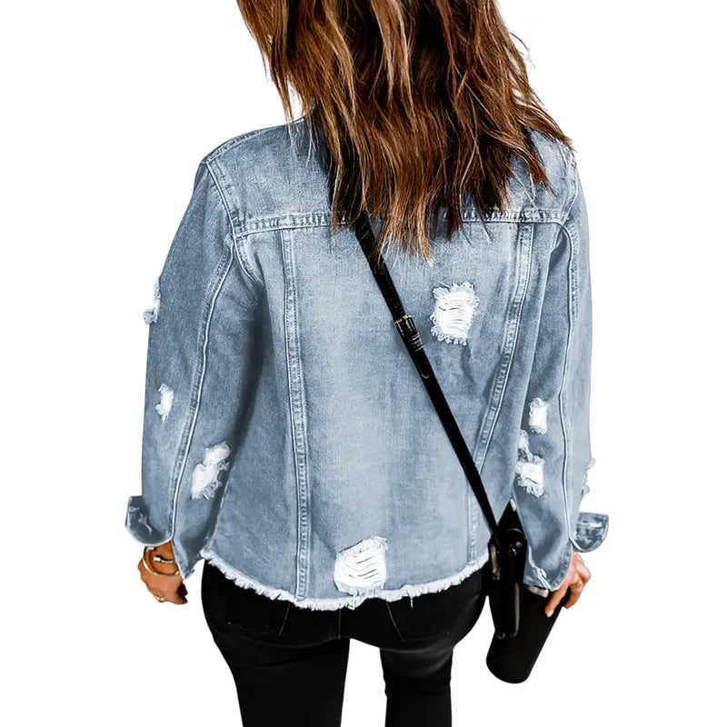 EVALESS Women's Casual Short Jean Jackets Non Stretch Distressed Ripped Boyfriend Washed Coats Lapel Long Sleeve Denim Jacket Outwear Tops 2026 Womenswear Spring Winter Outfits Deals For You Days summer outfits,back to school,back to school shoppi...