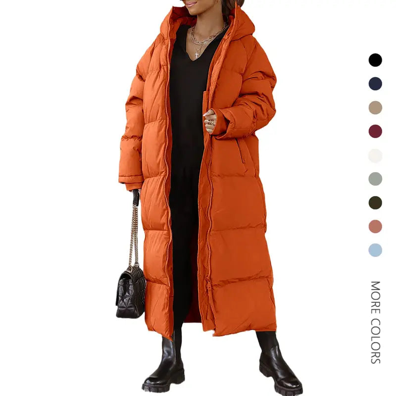 Danedvi Women's Long-Sleeve Soft Padded Quilted Hooded Neck Maxi Down Puffer Jacket - Ribbed Windproof Shell, Pocket, Zippered Closure, Chic Cold-Weather Outerwear, Holiday Gift, Fashionable Basic for Date Outings, Perfect Gift, Down Jacket