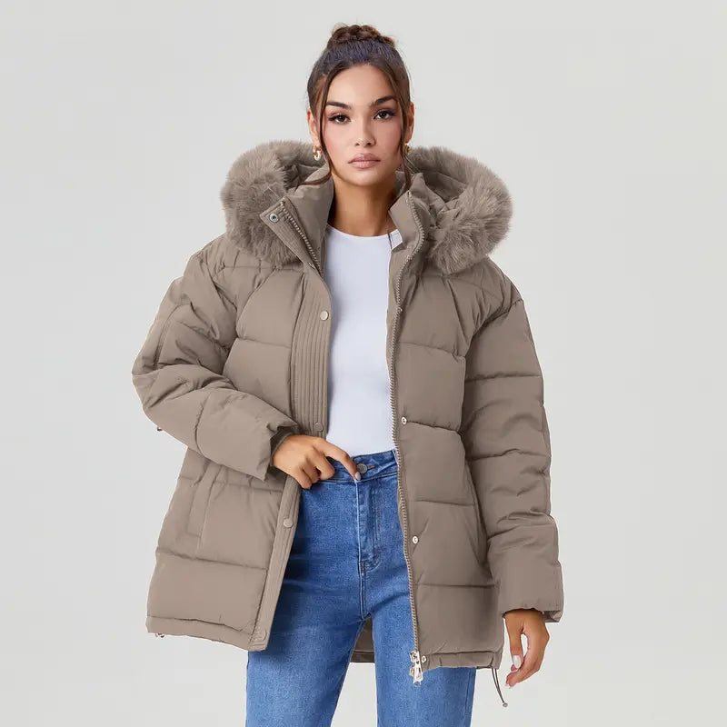 Katch Me Chic (US/CN)Women's Chic Solid Color Fluffy Hooded Zip-Up Belt Decor Cotton Coat, Cozy Outerwear Jacket for Fall & Winter, Classy Long Sleeve Womenswear