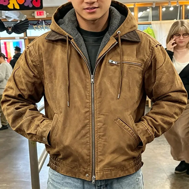 Men’s fleece-lined hooded canvas work jacket, zip-up removable collar, warm winter utility outerwear, casual trucker coat