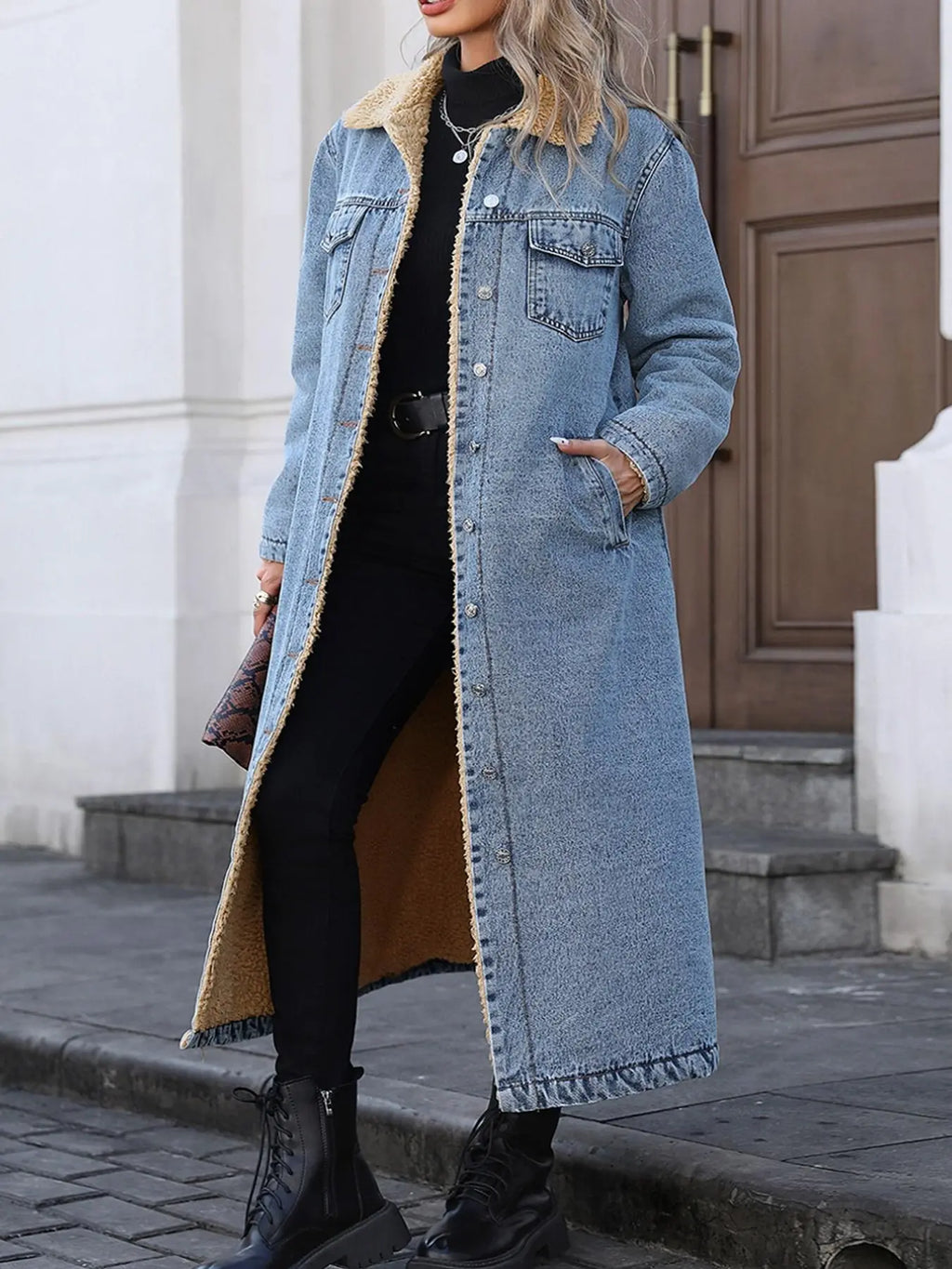 Women's Fall and Winter Casual Loose-Fit Long Jacket, Elegant Turn-Down Collar Warm-Lined Denim Coat for Plus-Size Women