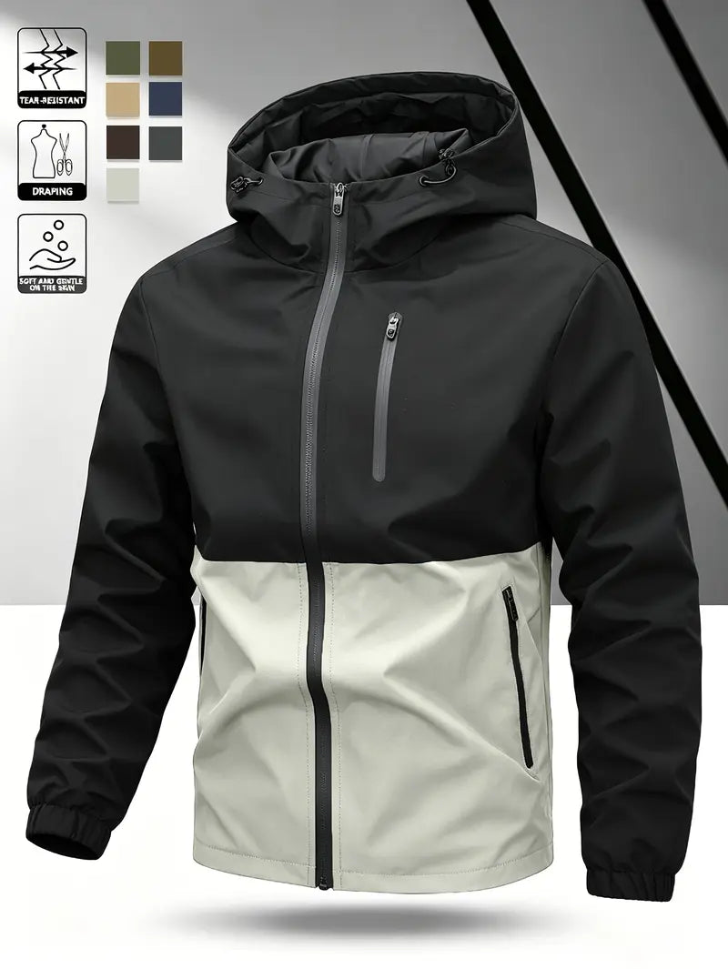 Men’s Color-Block Hooded Hardshell Coat - Tear-Resistant, Wear-Resistant Menswear with Contrast Zip, Multiple Waterproof Zippered Pockets, Adjustable Drawstring Hood, Long-Sleeve Outerwear for Autumn/Winter Mountaineering, Hiking