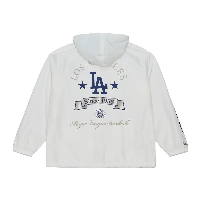 Mitchell & Ness Men's Los Angeles Dodgers White Yacht Rock Coaches Full-Snap Long-Sleeve Hooded Windbreaker Jacket, Menswear Fleece Layer with Adjustable Hem