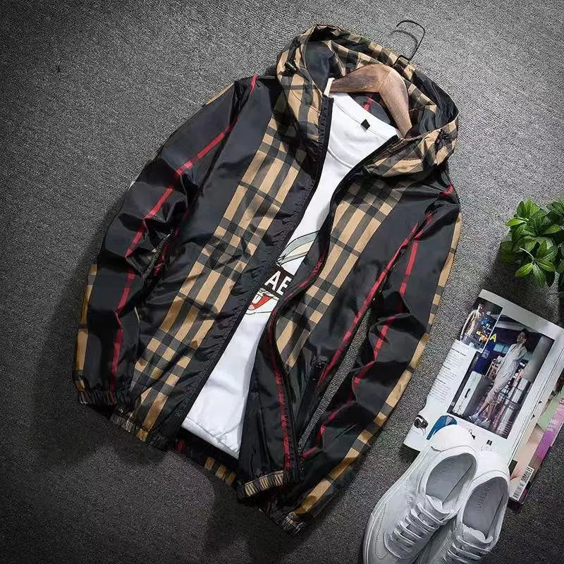 Men’s lightweight hooded jacket (with a stand collar option), zip-up windbreaker featuring adjustable drawstring and color-block stripe design, spring/autumn fashion style, men’s jacket, men’s outerwear, stylish khaki plaid pattern sohochic