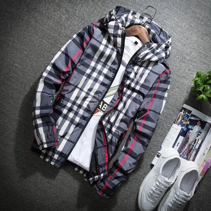 Men’s lightweight hooded jacket (with a stand collar option), zip-up windbreaker featuring adjustable drawstring and color-block stripe design, spring/autumn fashion style, men’s jacket, men’s outerwear, stylish khaki plaid pattern sohochic