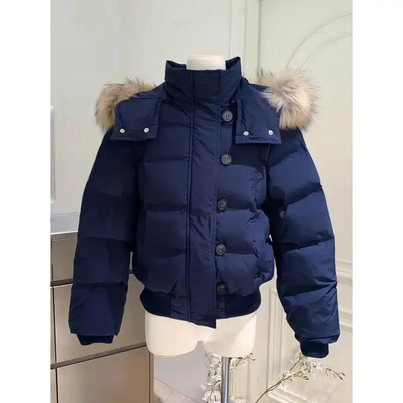 Autumn Winter Fur Hooded Jacket Women Outerwear Thick Dowon Cotton Padded Slim Short Parkas Female Cropped Puffer Bubble Coat