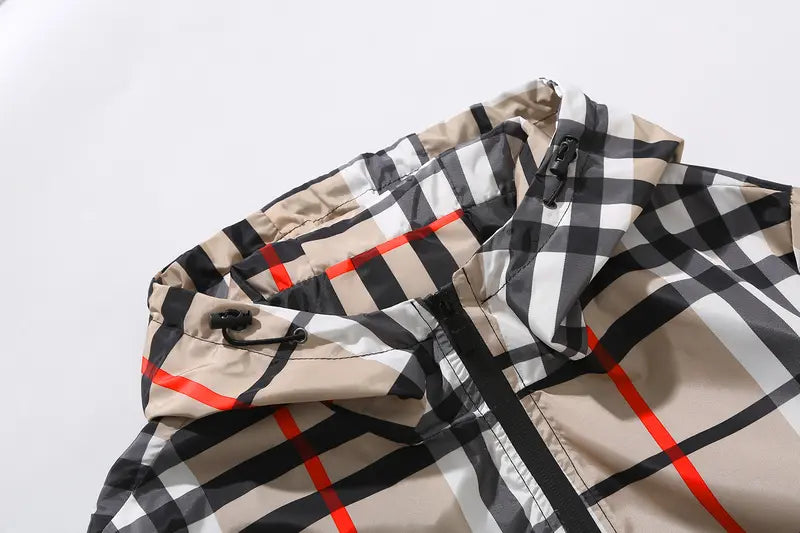 Men’s Spring Fall Lightweight Hooded Jacket, Zip-Up Windbreaker with Adjustable Drawstring, Stand Collar Option, Contrast Stripe Detail, Casual Plaid Outerwear in Khaki