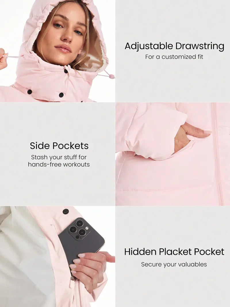 GLOWMODE Chic In Warmth Blizzard Flex Matte Soft Cozy Insulating Zipper Snap Button Closure Pockets Detachable Hood Hip-To-Mid-Knee Length Puffer Jacket Autumn Winter Outdoors Daily Casual Wear