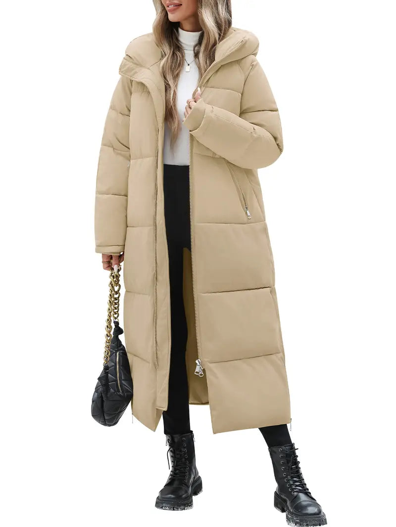 FASHORA Women Long Quilted Coat Hooded Maxi Length Long Sleeve Puffer Jacket Padded Coat Winter Outerwear Water-repellent